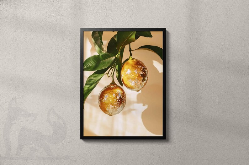 Retro Lemons Disco Ball Print, Kitchen Print, Bar Poster, Funky Food Home Decor, Preppy Citrus Fruit Wall Art, Lemon, Disco, Digital Print