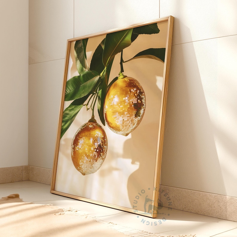 Retro Lemons Disco Ball Print, Kitchen Print, Bar Poster, Funky Food Home Decor, Preppy Citrus Fruit Wall Art, Lemon, Disco, Digital Print