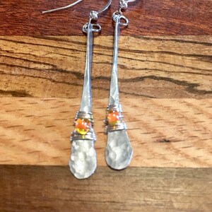 Hammered Earrings, Silver Hammered Earrings, Drop Shapped earrings, Handmade Rustic Earrings with Orange Bead.