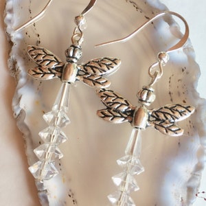 Dragonfly Earrings, silver earrings, Dragonfly jewlery, Clear Beads, Kisses from Heaven