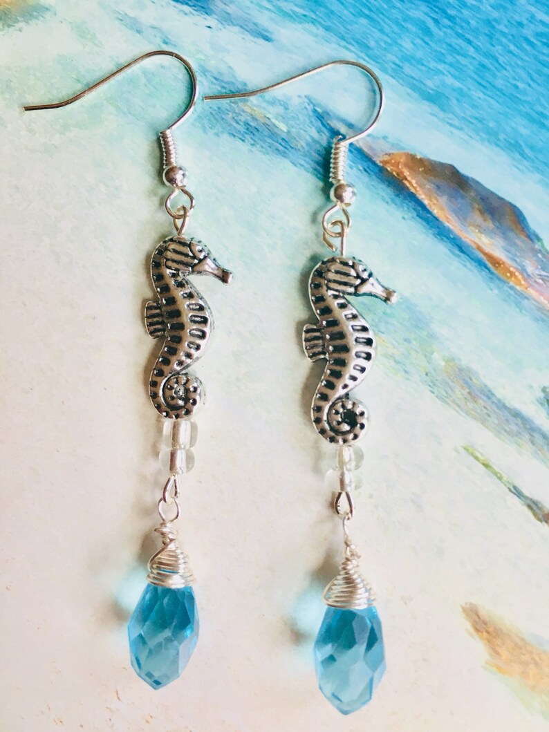 Seahorse Earrings, Silver Dangle Earrings, Seahorsde Ocean Earrings, ocean dangles, silver Seahorse earrings, hand made Seahorse image 2