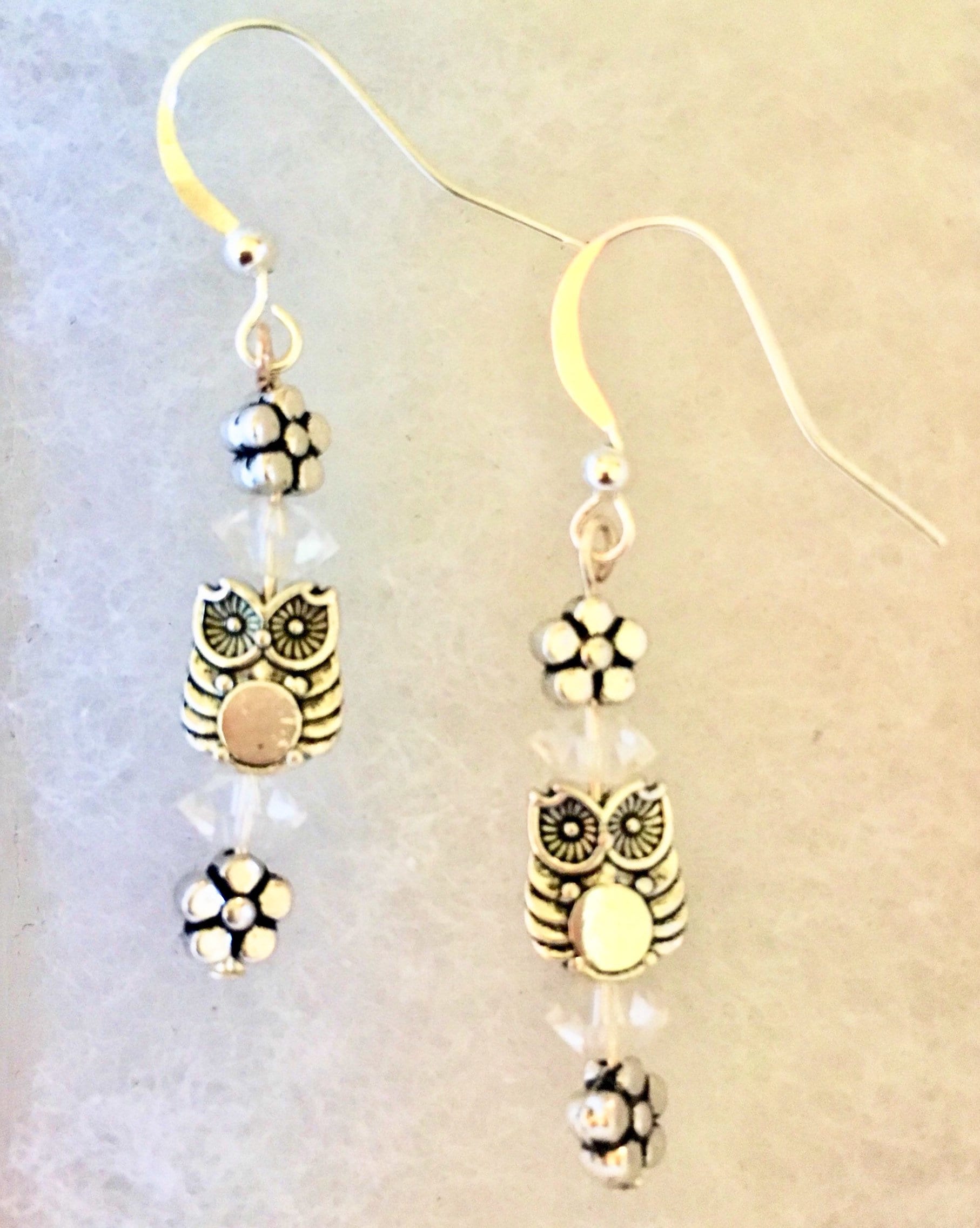 Silver Owl and flower Earrings, Silver Earrings, Owl jewlery, Silver Flower Beads