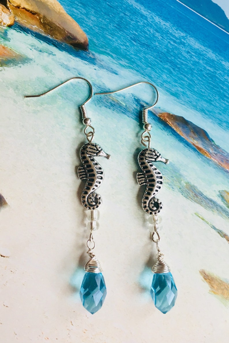 Seahorse Earrings, Silver Dangle Earrings, Seahorsde Ocean Earrings, ocean dangles, silver Seahorse earrings, hand made Seahorse image 1