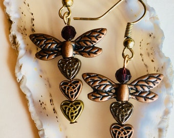 Dragonfly Earrings, Bronze Earrings, Dragonfly jewlery, Metal Heart Beads, Bronze, Silver and Gold