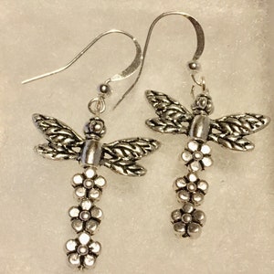 Dragonfly Earrings, Silver Earrings, Dragonfly jewlery, Silver Flower Beads