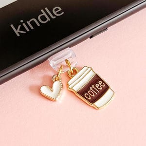 Kindle Charm Coffee Cup • USB-C Dust Plug • Heart Charm • Book Lover Gift • Cute E-Reader Accessory