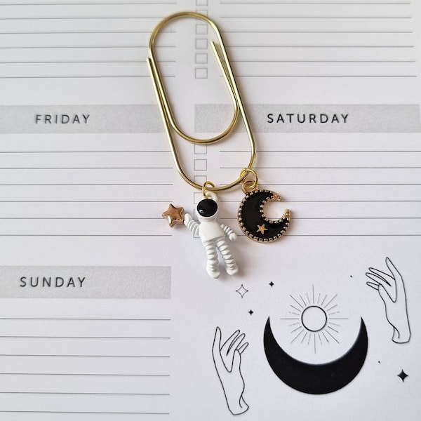 Paperclip Astronaut mt moon Paper clip large with pendant Planner Clip Planner Bookmark Bullet Journal Planner Accessories gold white black