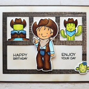 Carte d'anniversaire faite à la main dans un style country western - cowboy et cactus 3D, joliment colorée à la main avec enveloppe (A6)