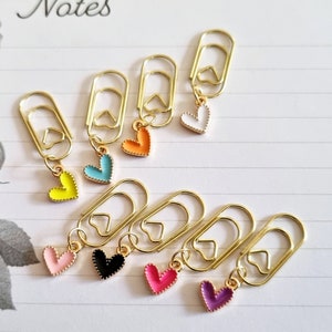 Set di graffette a forma di cuore con ciondolo a forma di cuore piccolo, clip per planner, segnalibro per planner, accessori per bullet journal color oro.
