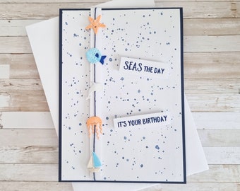 Handmade maritime birthday card hand-colored, folded card with envelope A6