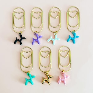 Graffetta dorata con ciondolo a forma di cane palloncino – Graffetta a forma di cuore per planner – Segnalibro e accessorio per bullet journal – 1 pezzo