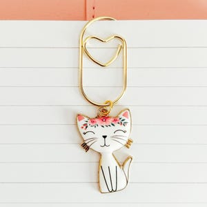 Gatto con graffetta dorata – Cuore con graffetta e ciondolo a forma di gatto con ghirlanda di fiori – Accessorio per planner, regalo per bullet journal