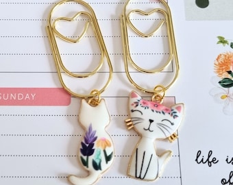 Cute Cat Paper Clips with Charm, Cat Themed Paperclip Bookmark
