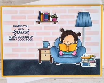 Handmade friend card for book lovers with envelope A6