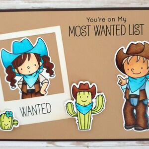 Handgemachte Liebeskarte Freundschaftskarte WANTED Cowgirl Cowboy Kaktus, Country Western, 3D handcoloriert mit Briefumschlag A6