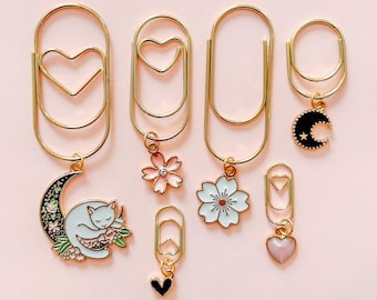 Paperclips Set mit Anhänger – Lesezeichen Katze Mond Blume Herz – Planner Zubehör Bullet Journal Geschenk