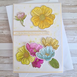 Handgemachte Grußkarte "Let Life Be Beautiful Like Summer Flowers" – Einzigartige Aquarellkunst mit goldenen Akzenten