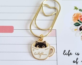 Clipes de papel, clipes de papel, coração com pingente de gato em copo, clipe de planejador, marcador de página de planejador, acessórios de planejador de bullet journal