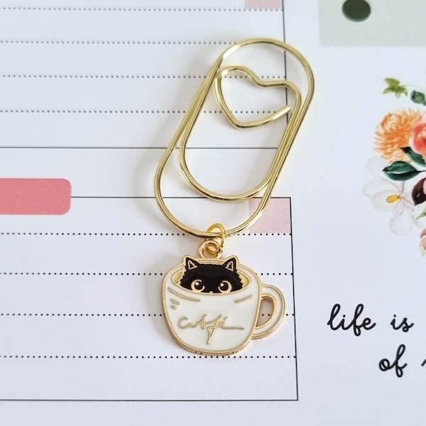 Paperclip Büroklammern Herz mit Anhänger Katze in Tasse, Planner Clip, Planner Lesezeichen, Bullet Journal Planer Zubehör