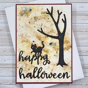 Biglietto di Halloween fatto a mano con gatto nero – unico e colorato a mano, A6