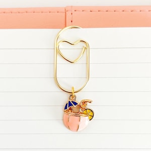 Clip con colgante de cóctel – Clip dorado con forma de corazón – Clip para agenda de verano – Marcapáginas decorativo para Bullet Journal