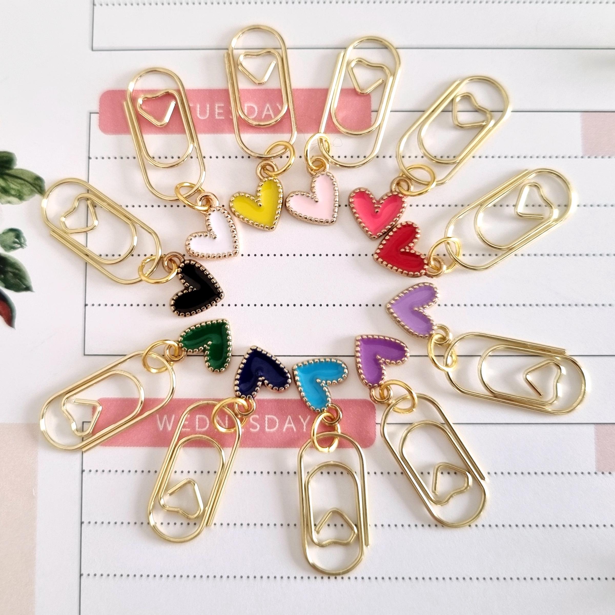 Set of 11 Heart Paperclips – Gold Clips with Colorful Heart Charms