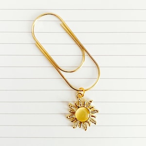 Large Gold Paperclip with Sun Charm – Bookmark, Planner Accessory, Journal Clip, Sunshine Charm, Happy Stationery Gift