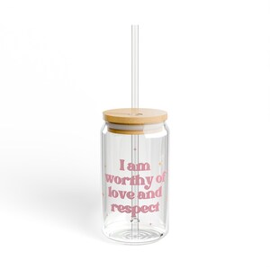 Copo de vidro, amor próprio, copo de afirmação positiva, presente para bebidas, citação inspiradora, caneca com letras rosa, copo de empoderamento