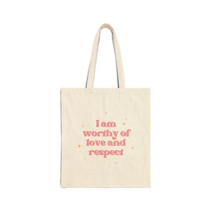 Bolsa de lona de algodão com estampa de empoderamento, frase de amor próprio, bolsa rosa, sacola de compras reutilizável, presente para mulheres, bolsa com afirmação positiva