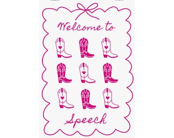 Vertical Speech Therapist Poster, Cowgirl Theme Office Decor, Matte Wall Art Print, Welcome to Speech, Hot Pink, Western Design