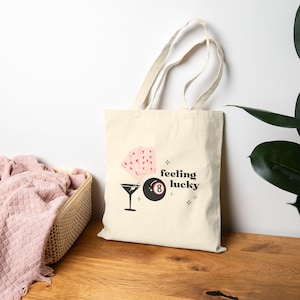 Borsa tote in tela, "Mi sento fortunato", "8-Ball", "Carte da gioco rosa", "Martini", "Borsa a tracolla elegante e festosa", "Borsa tote elegante per il weekend", "Borsa portafortuna", "Carina"