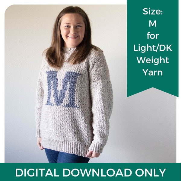 Size: M - MONOGRAM SWEATER Crochet Pattern with Light/dk Yarn - Digital Download