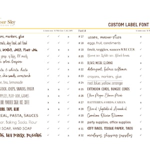 May include: A chart with a list of font styles for custom labels. The chart shows different font styles for various product categories, such as crayons, markers, glue, dog treats, and more. The chart also includes a column for each font style, indicating whether it is available in all caps, title case, or all lowercase.