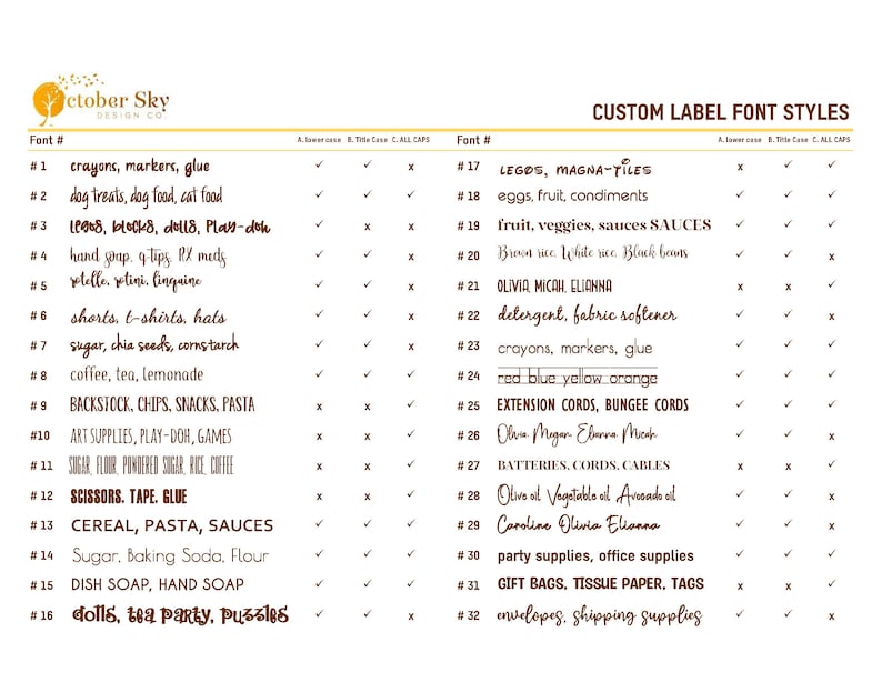May include: A chart with a list of font styles for custom labels. The chart shows different font styles for various product categories, such as crayons, markers, glue, dog treats, and more. The chart also includes a column for each font style, indicating whether it is available in all caps, title case, or all lowercase.