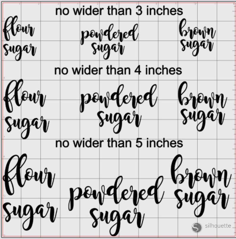 May include: A black and white image with text for different types of sugar labels. The text includes "flour sugar", "powdered sugar", and "brown sugar". The labels are shown in three different sizes, with the text "no wider than 3 inches", "no wider than 4 inches", and "no wider than 5 inches" above each size.