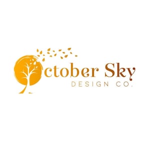 May include: A logo for a design company called "October Sky Design Co." The logo features a stylized orange tree with leaves blowing in the wind, set against a circular orange background.