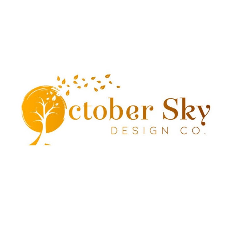 May include: A logo for a design company called "October Sky Design Co." The logo features a stylized orange tree with leaves blowing in the wind, set against a circular orange background.