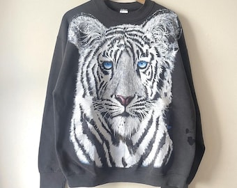 Sudadera vintage de los 90 con estampado de tigre blanco y color azul líquido - XL