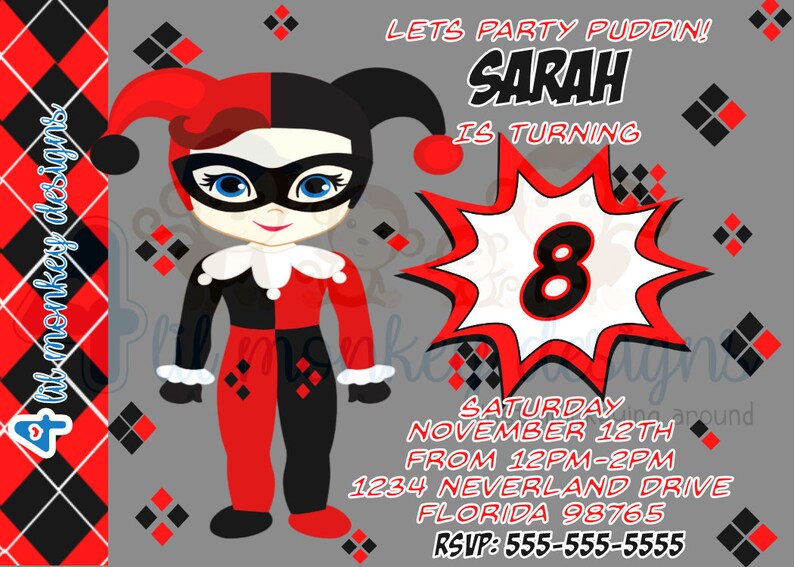 Harley Quinn Custom Birthday Printable Invitations 4x6/5x7 | Etsy