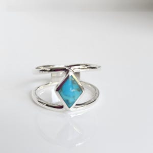 Genuine Turquoise Sterling Silver Ring, 925 Double Band Ring, Statement Pointer Ring, Boho Turquoise Jewelry, Gift for Her