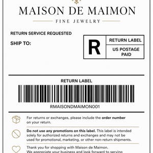 Könnte beinhalten: Ein weißes, rechteckiges Rücksendeetikett für Maison de Maimon Fine Jewelry. Es enthält einen fetten Buchstaben R, einen Strichcode mit dem Text RMAISONDMAIMON001 sowie Anweisungen zu Bestellnummern und zur Verwendung des Etiketts.
