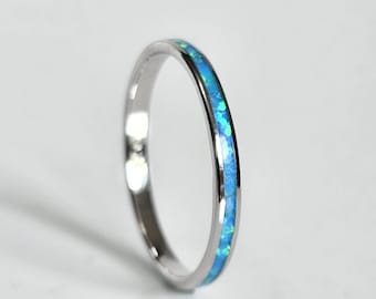 Sterling Silver Lab Opal Eternity Ring, Minimalist 925 Stackable Ring
