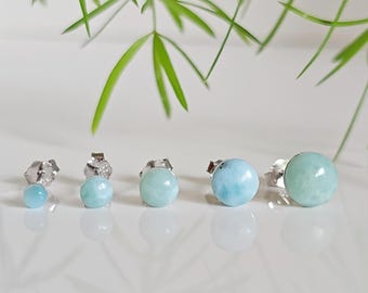 Sterling Silver Tiny Larimar Stud Earrings, Genuine Larimar Stone Earrings, 3mm, 4mm, 5mm, 6mm, 7mm Dainty Studs, Minimalist Studs