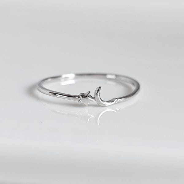 Anillo de luna y estrella de plata de ley, anillo minimalista de luna para mujer, anillo celestial diminuto, regalo para ella, anillo 925 para mujer