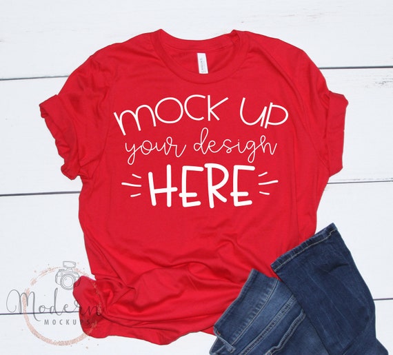 Mock Up Bella Canvas 3001 Red Unisex Mockup White Wood Etsy
