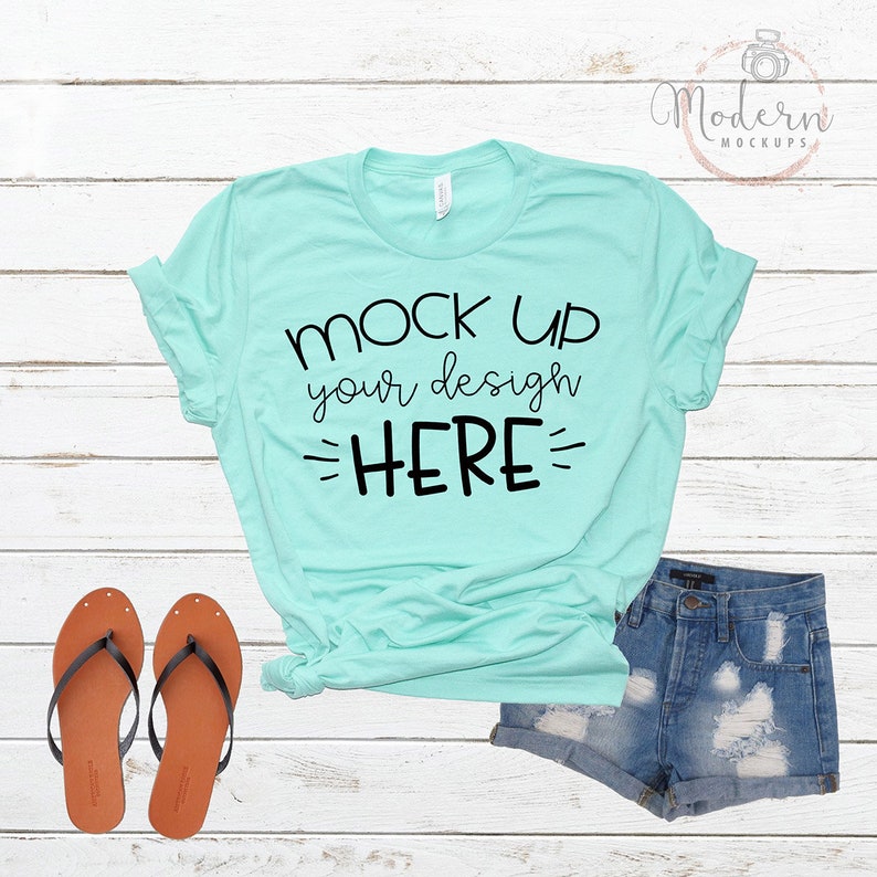 Mock up Bella Canvas 3001 Heather Mint Unisex Mockup White