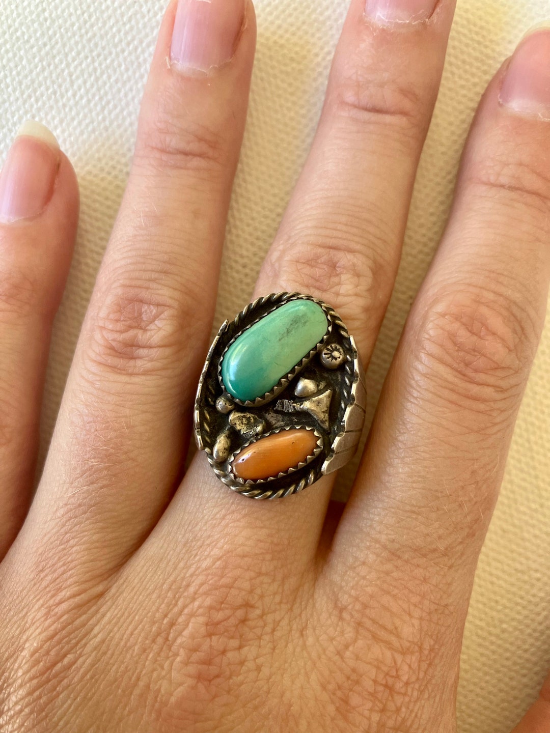 Old Native Rings Vintage Native American Silver, Turquoise & Coral Ring - Etsy