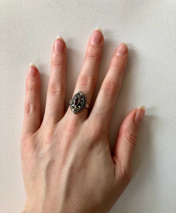 Vintage Silver, Ruby & Marcasite Ring - image 8