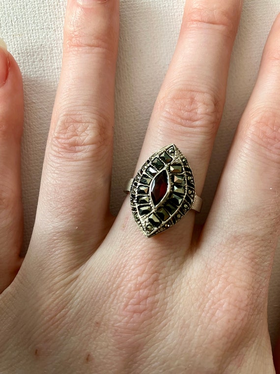 Vintage Silver, Ruby & Marcasite Ring - image 7