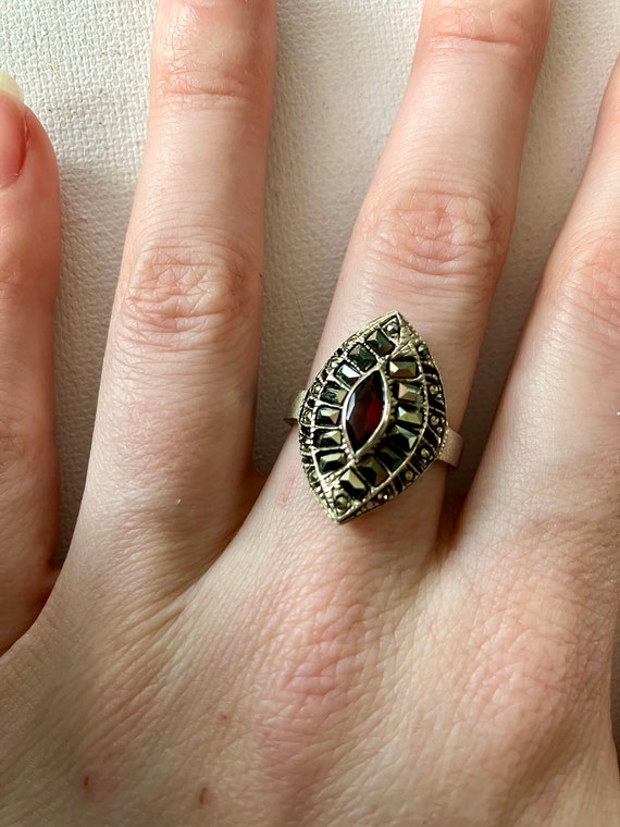 Vintage Silver, Ruby & Marcasite Ring - image 6